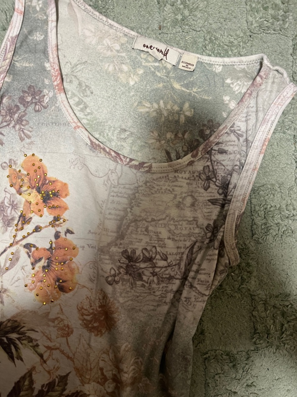 ONE WORLD Cream Tank with Peach Floral Bead Detail